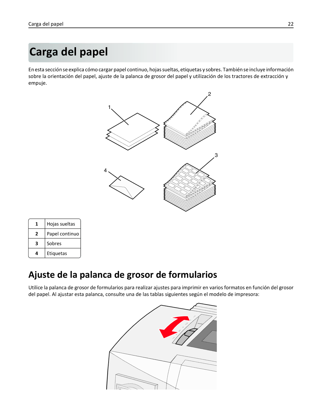 Lexmark 2500 manual Carga del papel, Ajuste de la palanca de grosor de formularios 