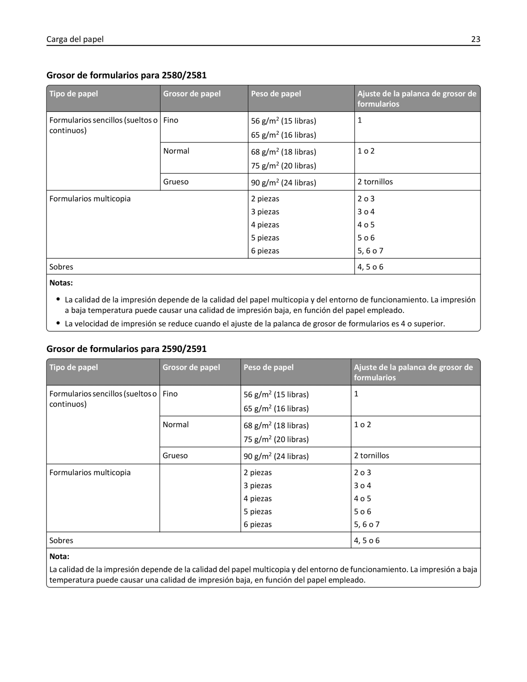 Lexmark 2500 manual Grosor de formularios para 2580/2581, Grosor de formularios para 2590/2591 