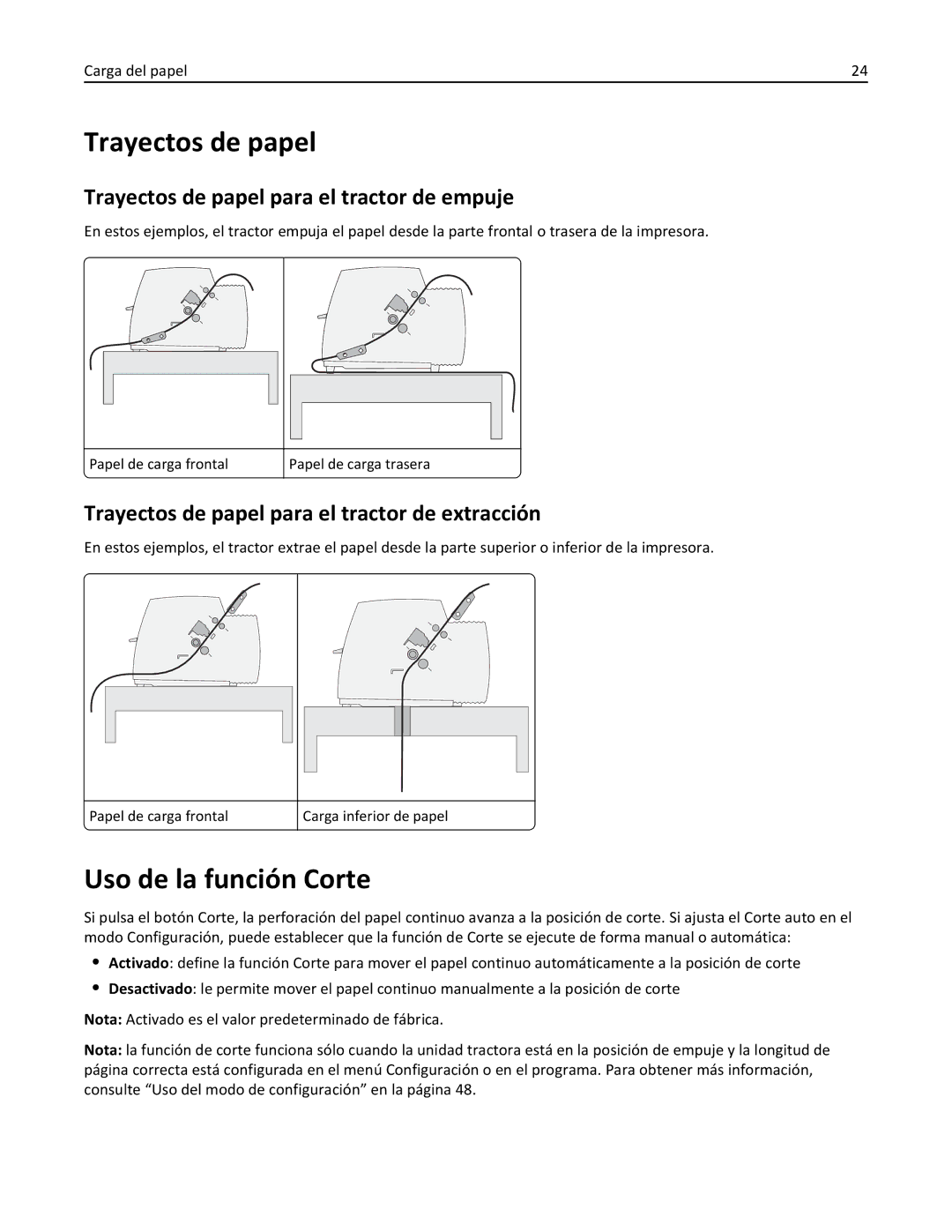 Lexmark 2500 manual Uso de la función Corte, Trayectos de papel para el tractor de empuje 