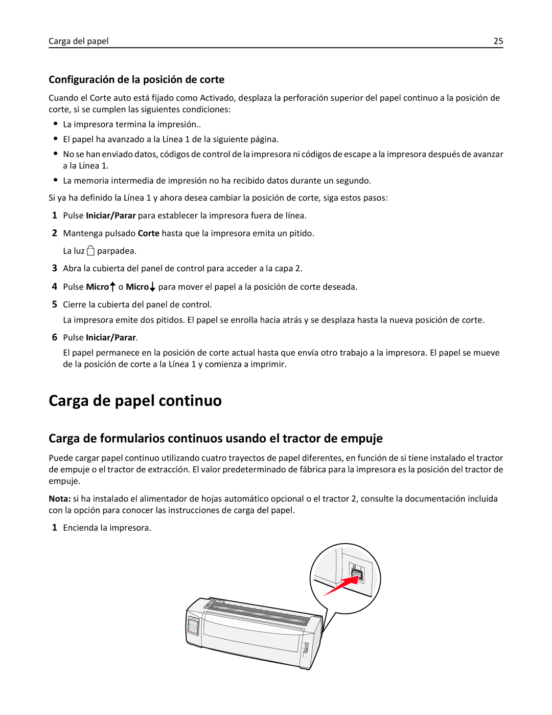 Lexmark 2500 manual Carga de papel continuo, Carga de formularios continuos usando el tractor de empuje 