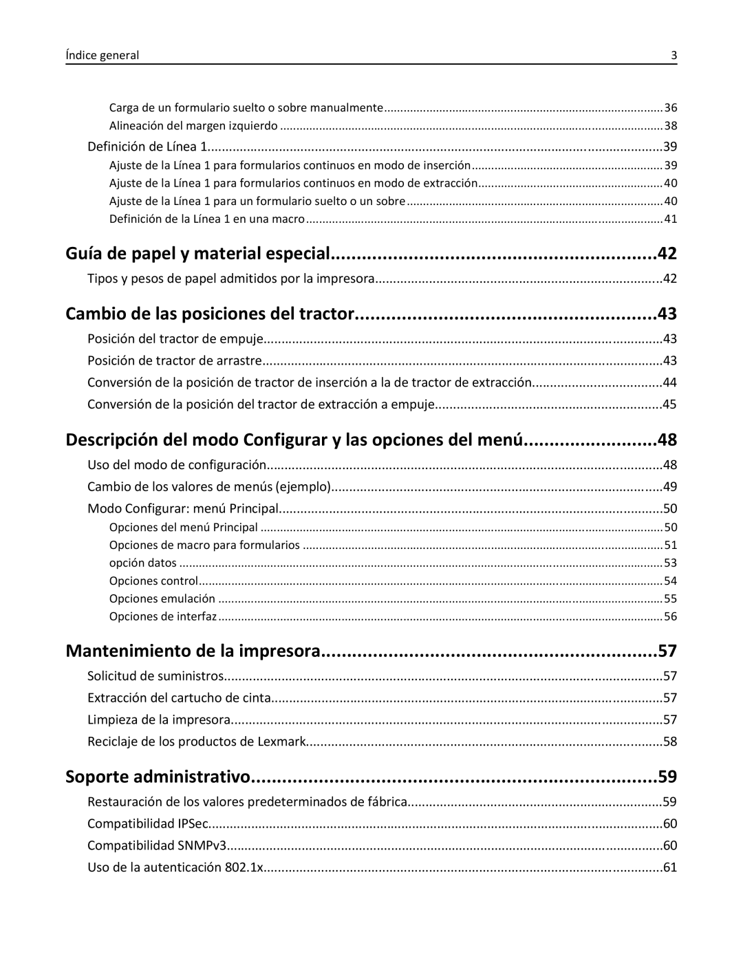 Lexmark 2500 manual Guía de papel y material especial, Cambio de las posiciones del tractor, Mantenimiento de la impresora 