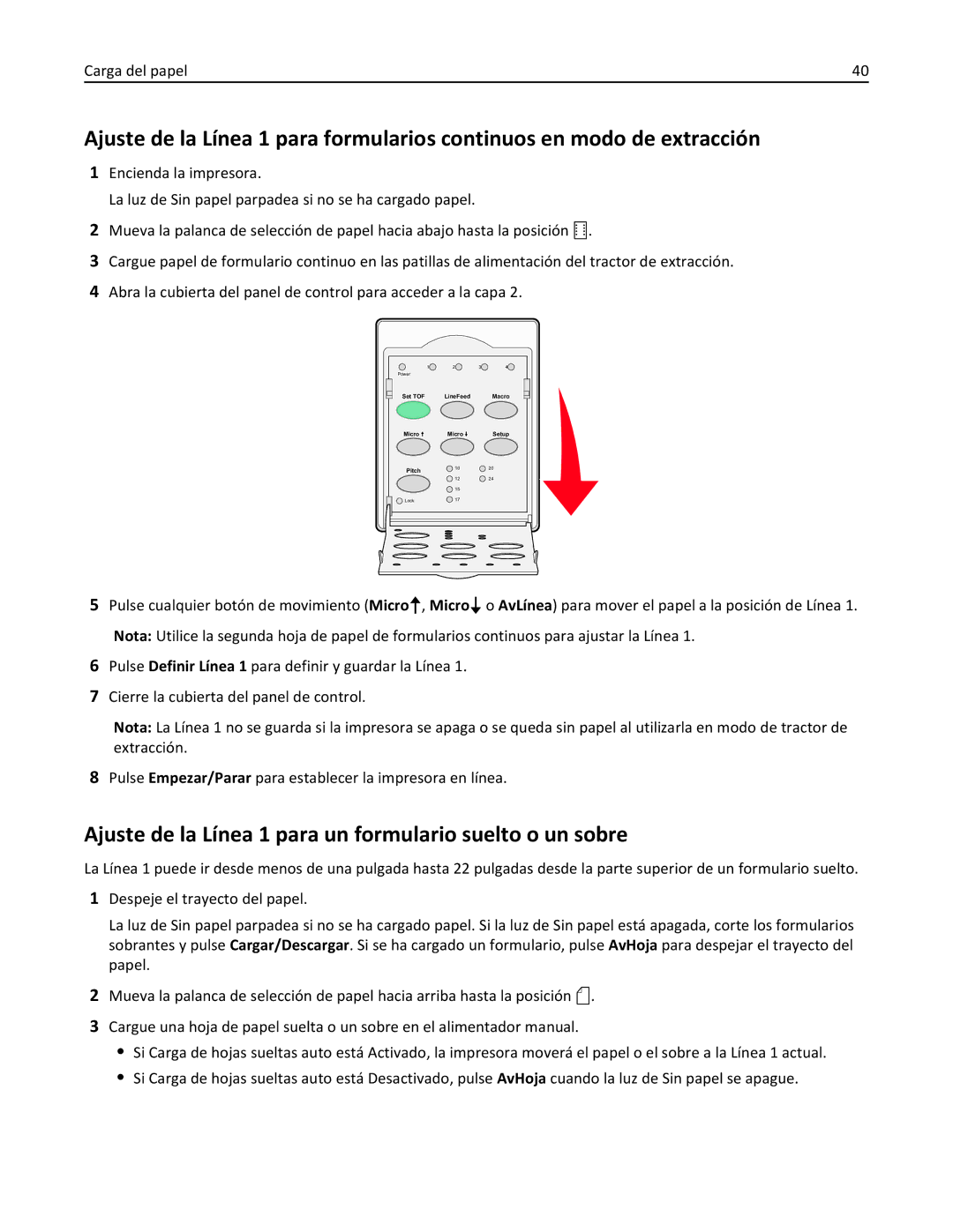 Lexmark 2500 manual Ajuste de la Línea 1 para un formulario suelto o un sobre 