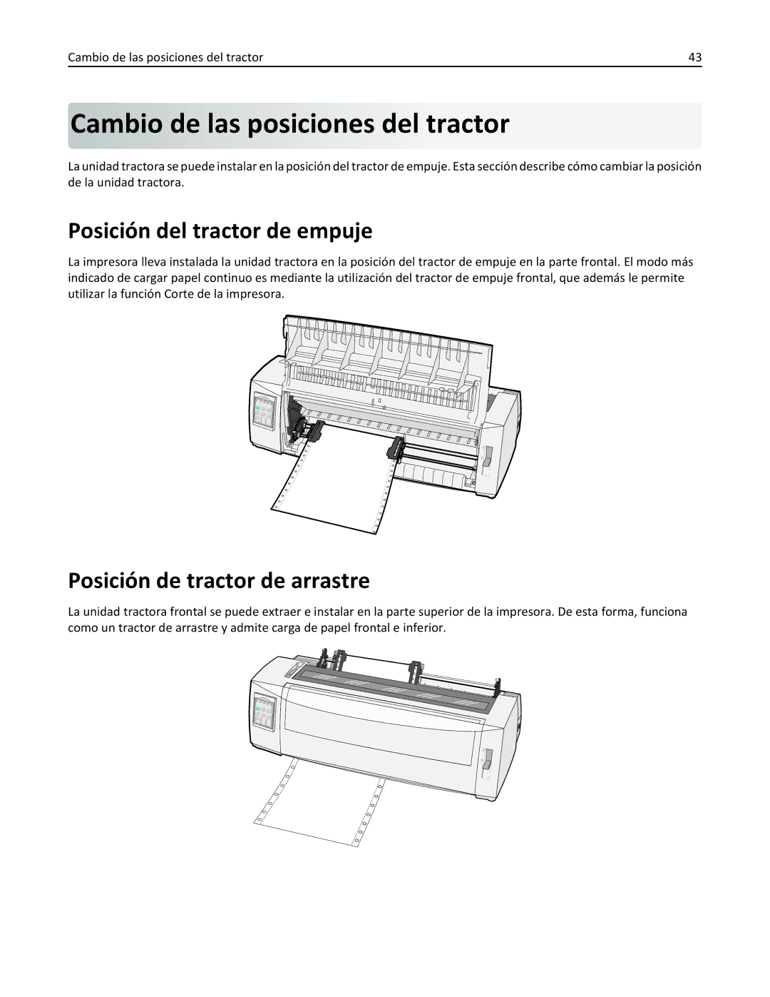 Lexmark 2500 manual Cambio de las posiciones del tractor, Posición del tractor de empuje, Posición de tractor de arrastre 