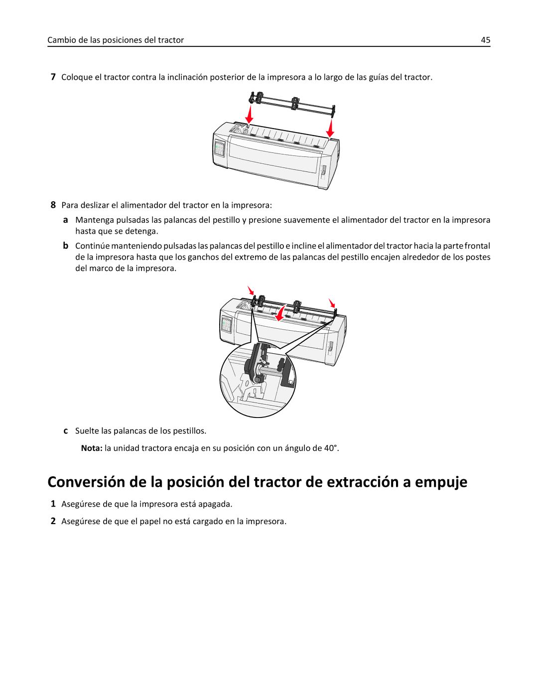 Lexmark 2500 manual Conversión de la posición del tractor de extracción a empuje 