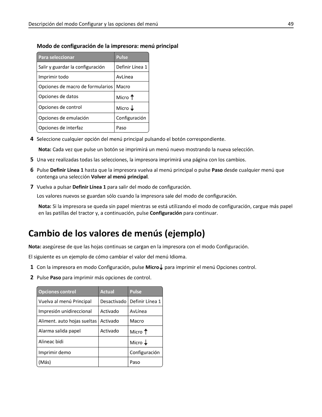 Lexmark 2500 manual Cambio de los valores de menús ejemplo, Modo de configuración de la impresora menú principal 