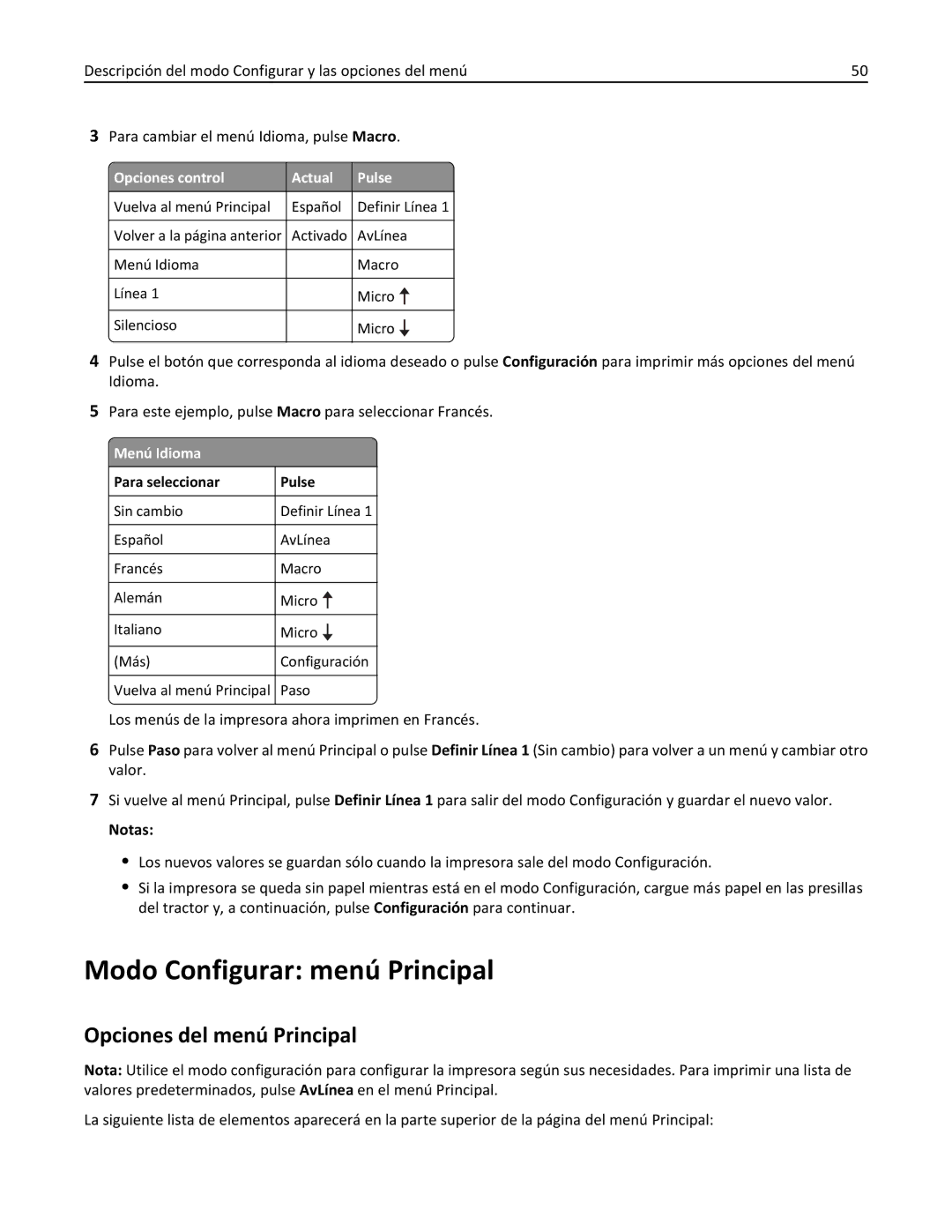 Lexmark 2500 manual Modo Configurar menú Principal, Opciones del menú Principal, Menú Idioma 