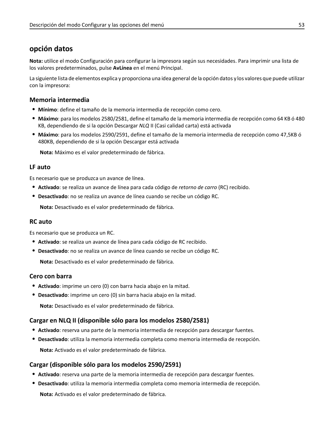 Lexmark 2500 manual Opción datos, Memoria intermedia 