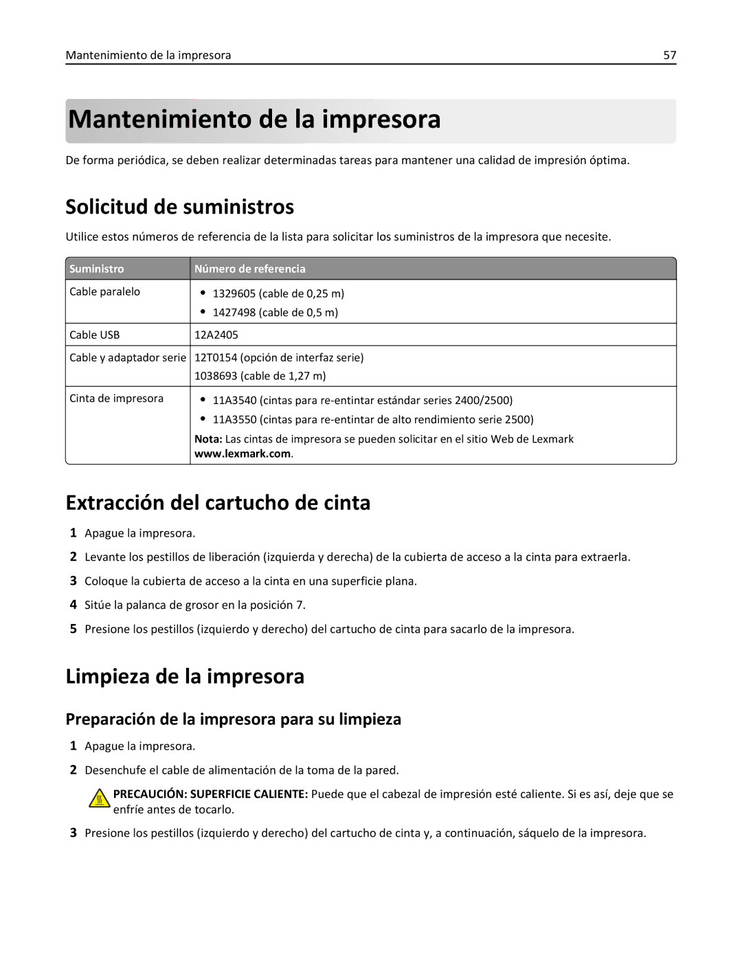 Lexmark 2500 manual Mantenimiento de la impresora, Solicitud de suministros, Extracción del cartucho de cinta 