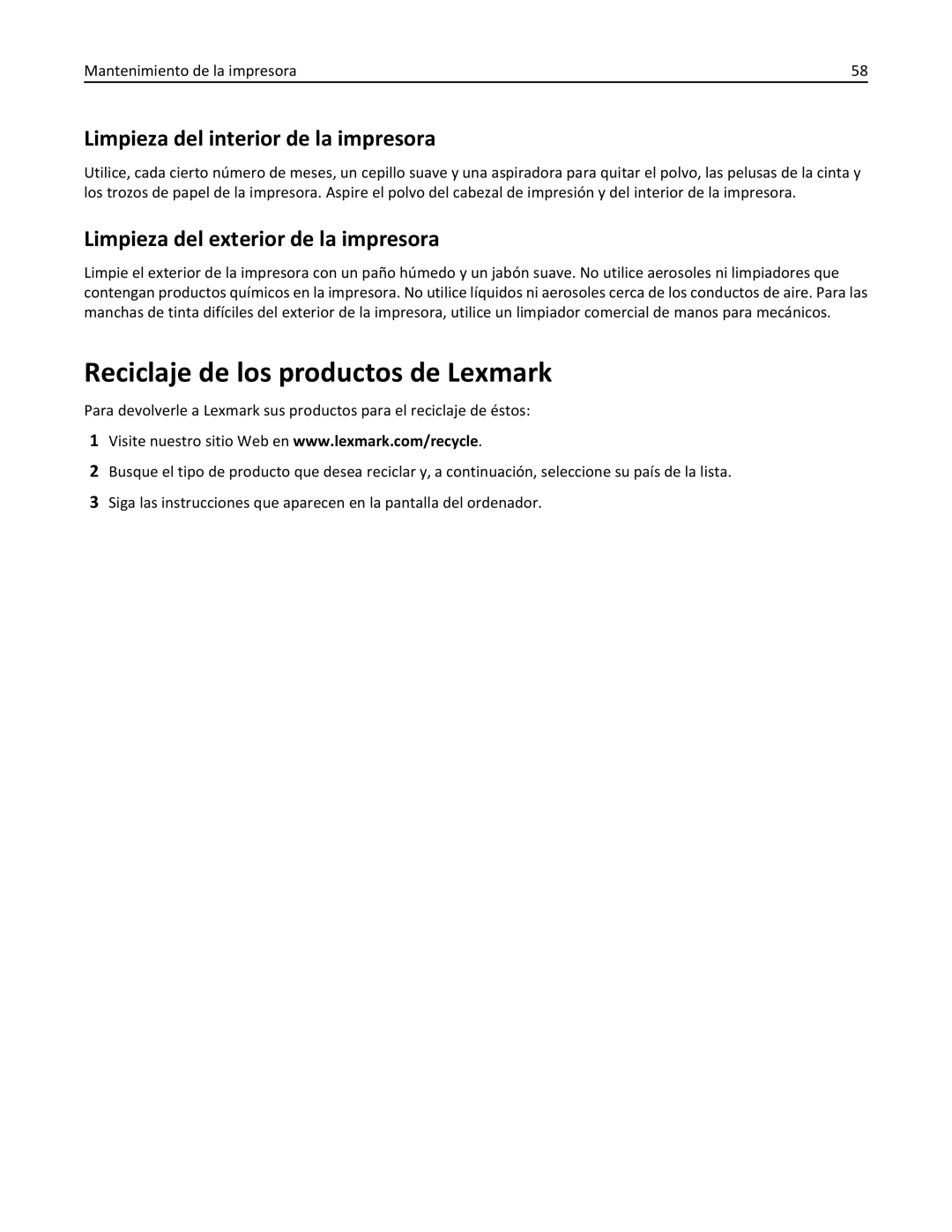 Lexmark 2500 manual Reciclaje de los productos de Lexmark, Limpieza del interior de la impresora 