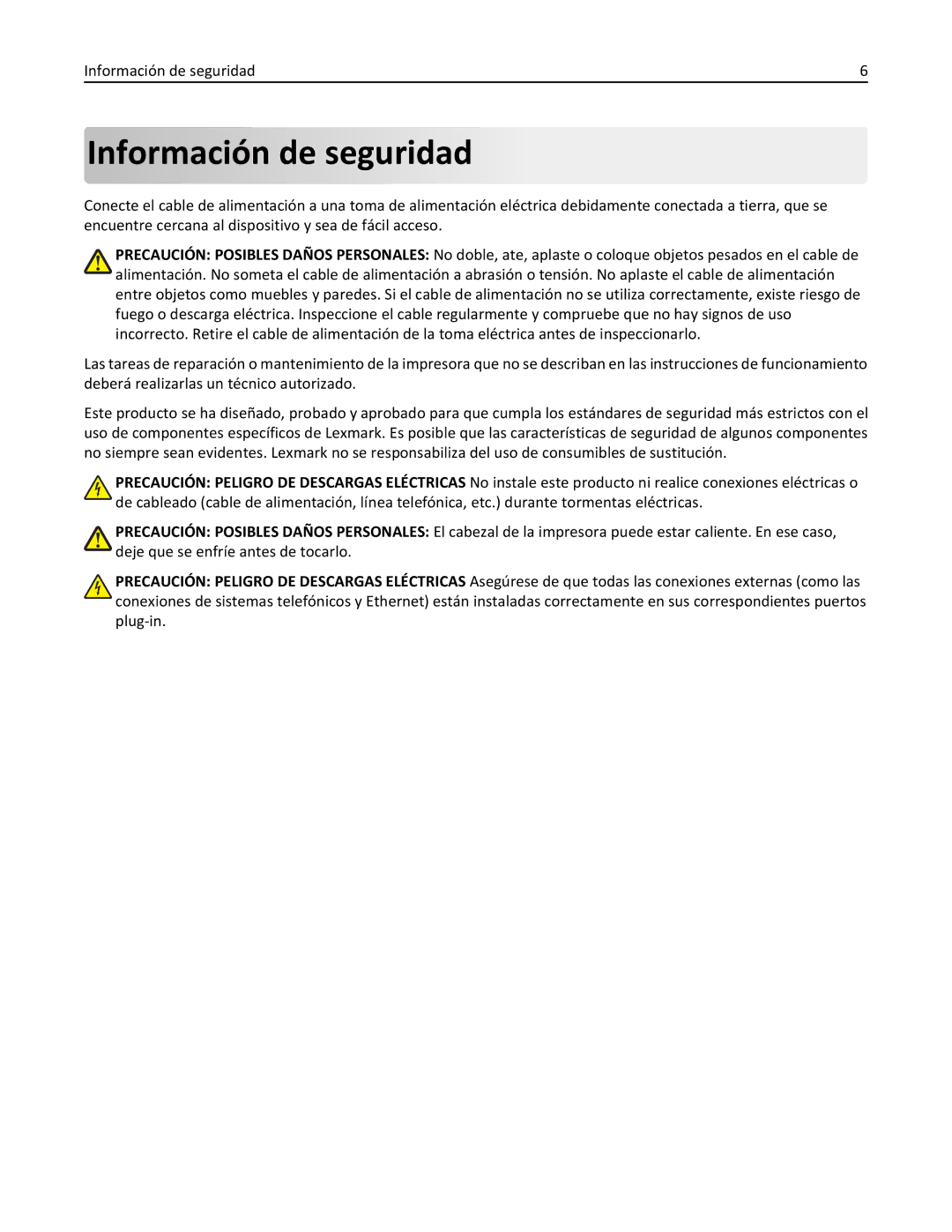 Lexmark 2500 manual Información de seguridad 