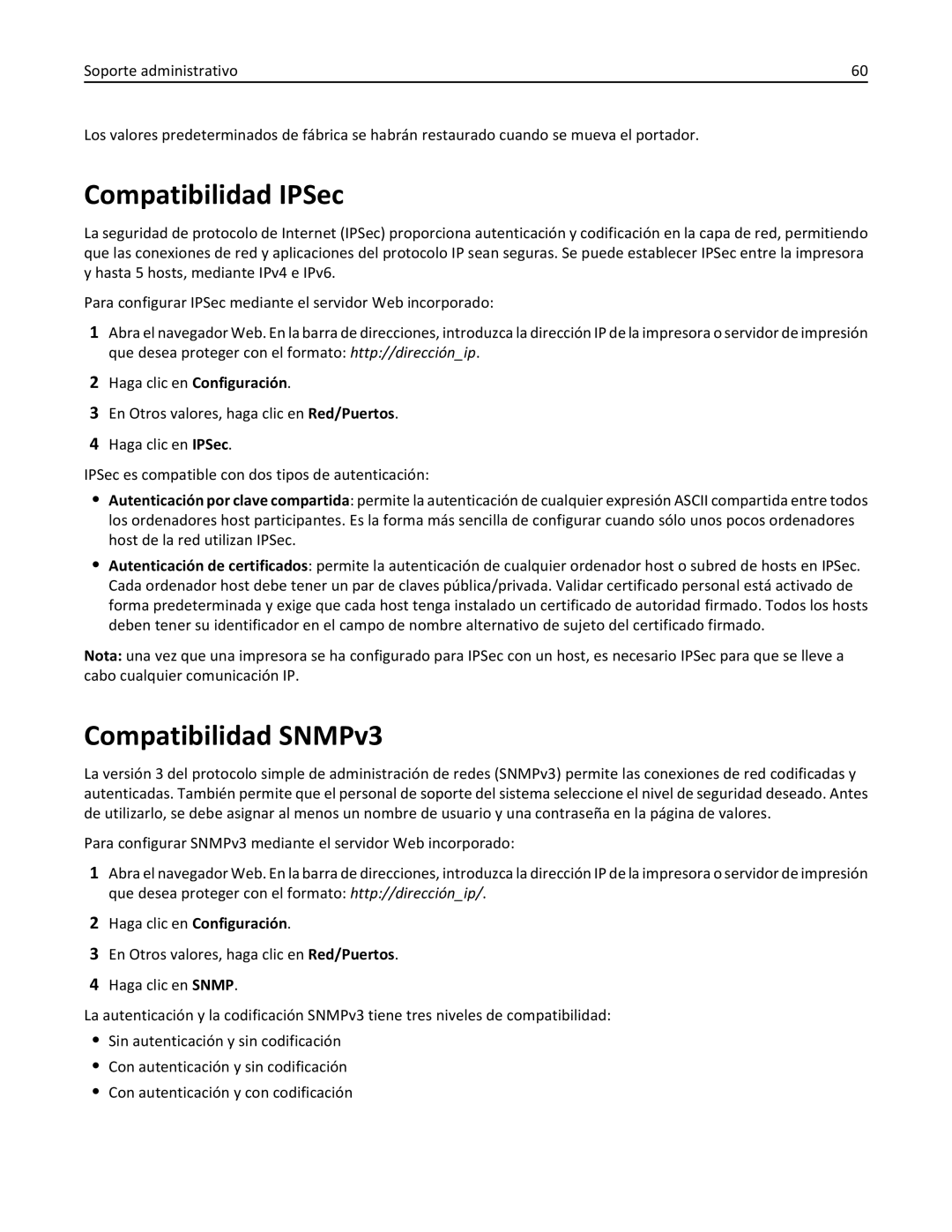 Lexmark 2500 manual Compatibilidad IPSec, Compatibilidad SNMPv3 