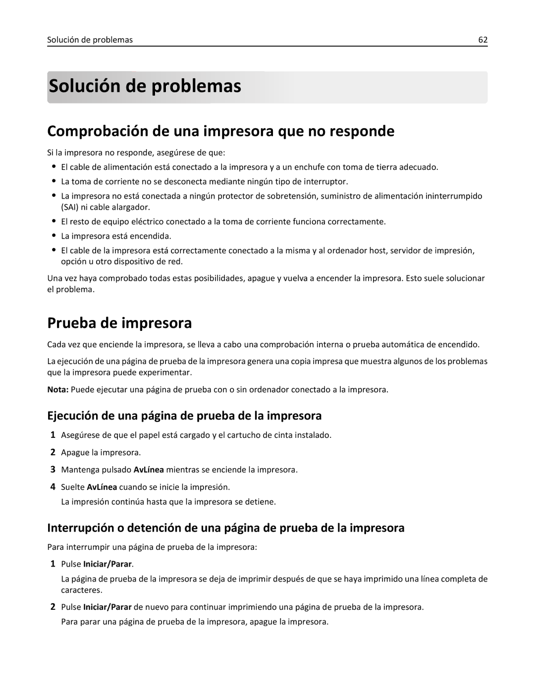 Lexmark 2500 manual Solución de problemas, Comprobación de una impresora que no responde, Prueba de impresora 