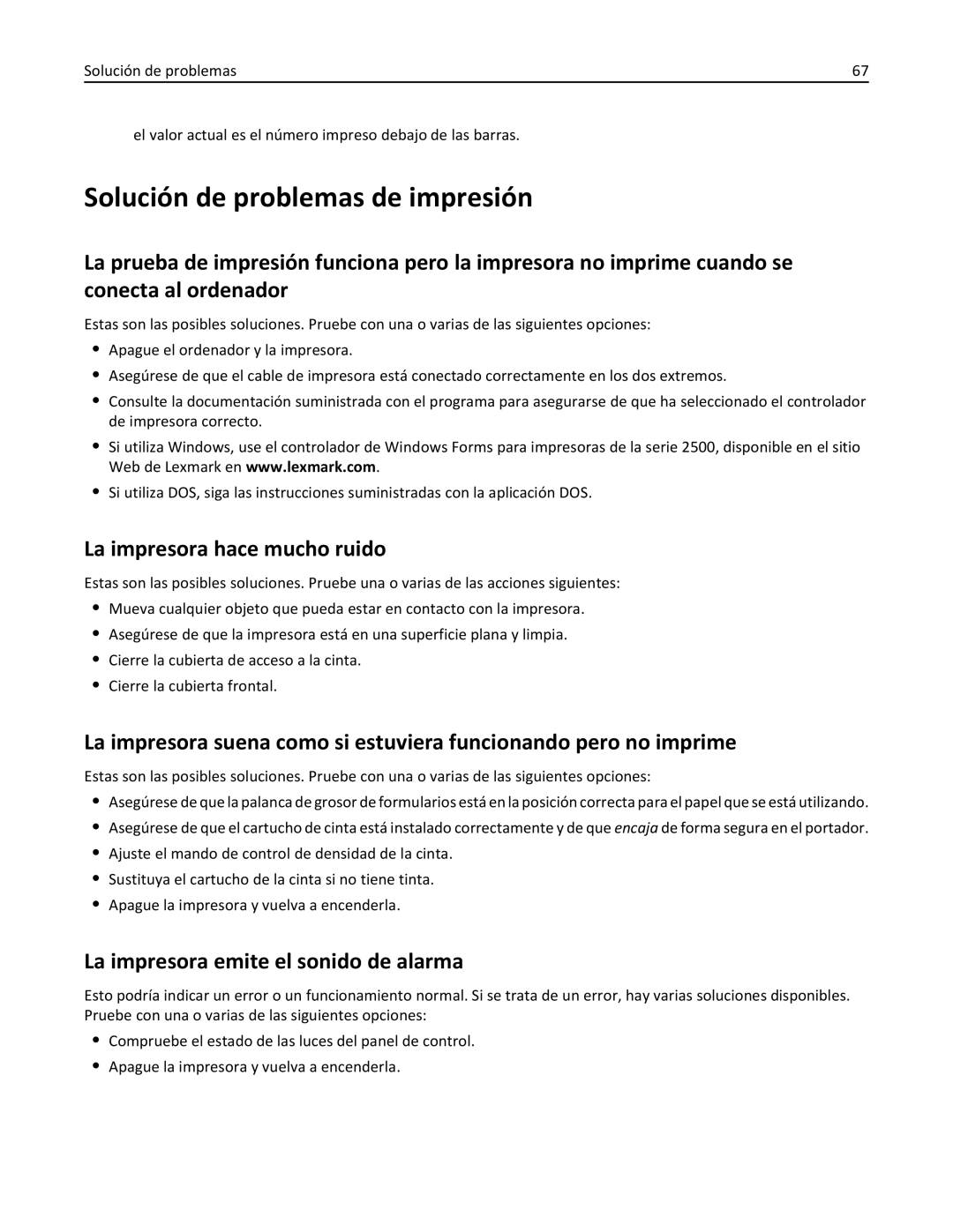 Lexmark 2500 Solución de problemas de impresión, La impresora hace mucho ruido, La impresora emite el sonido de alarma 