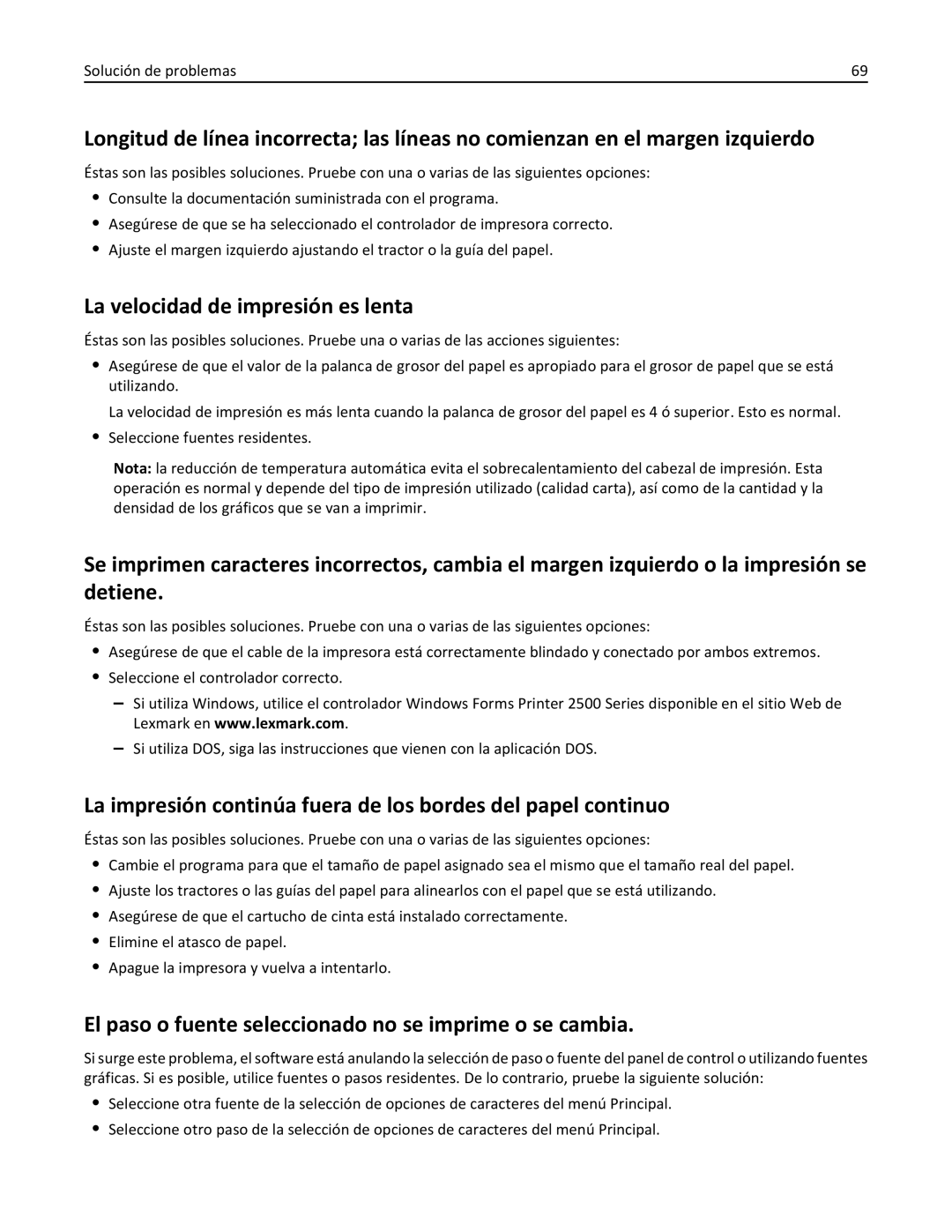 Lexmark 2500 manual La velocidad de impresión es lenta, El paso o fuente seleccionado no se imprime o se cambia 