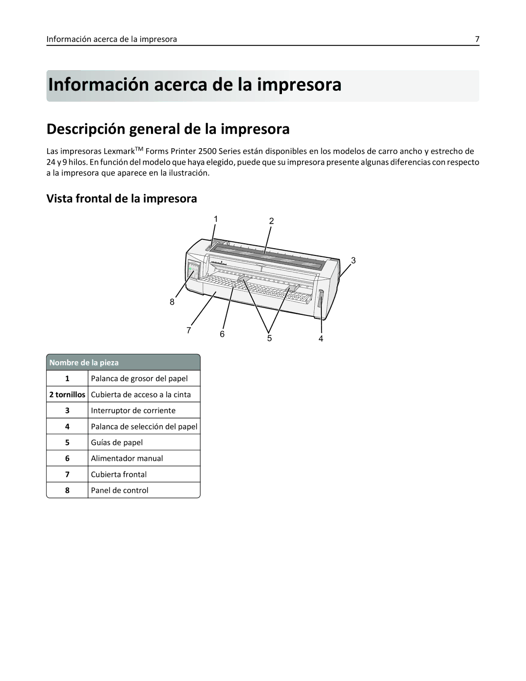 Lexmark 2500 manual Información acerca de la impresora, Descripción general de la impresora, Vista frontal de la impresora 