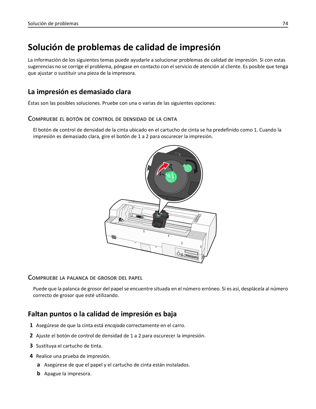 Lexmark 2500 manual Solución de problemas de calidad de impresión, La impresión es demasiado clara 