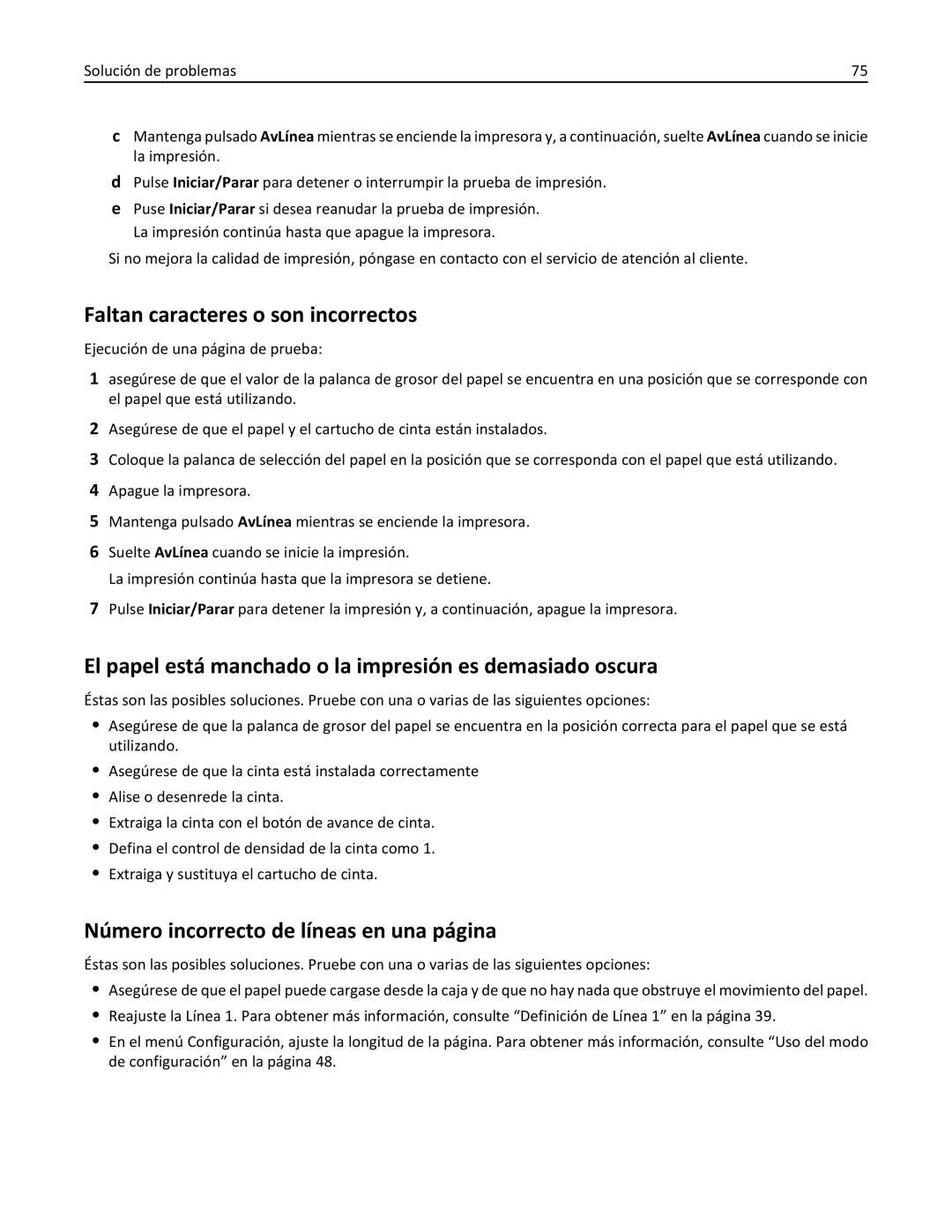 Lexmark 2500 manual Faltan caracteres o son incorrectos, El papel está manchado o la impresión es demasiado oscura 