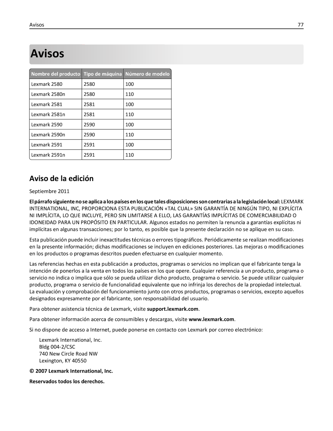 Lexmark 2500 manual Avisos, Aviso de la edición, Nombre del producto Tipo de máquina Número de modelo 