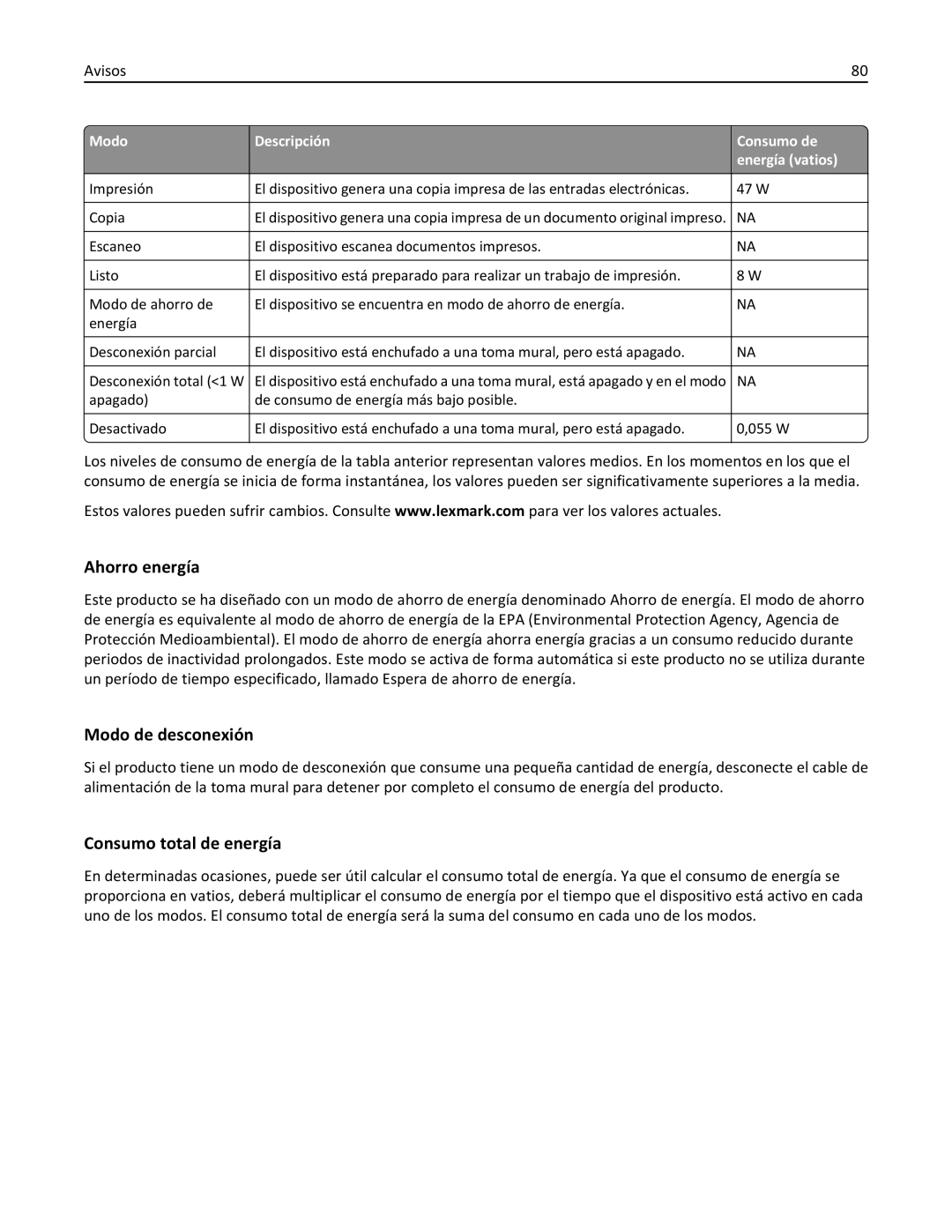 Lexmark 2500 Ahorro energía, Modo de desconexión, Consumo total de energía, Modo Descripción Consumo de Energía vatios 