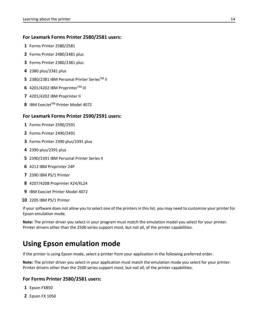 Lexmark 2500 Using Epson emulation mode, For Lexmark Forms Printer 2580/2581 users, For Forms Printer 2580/2581 users 