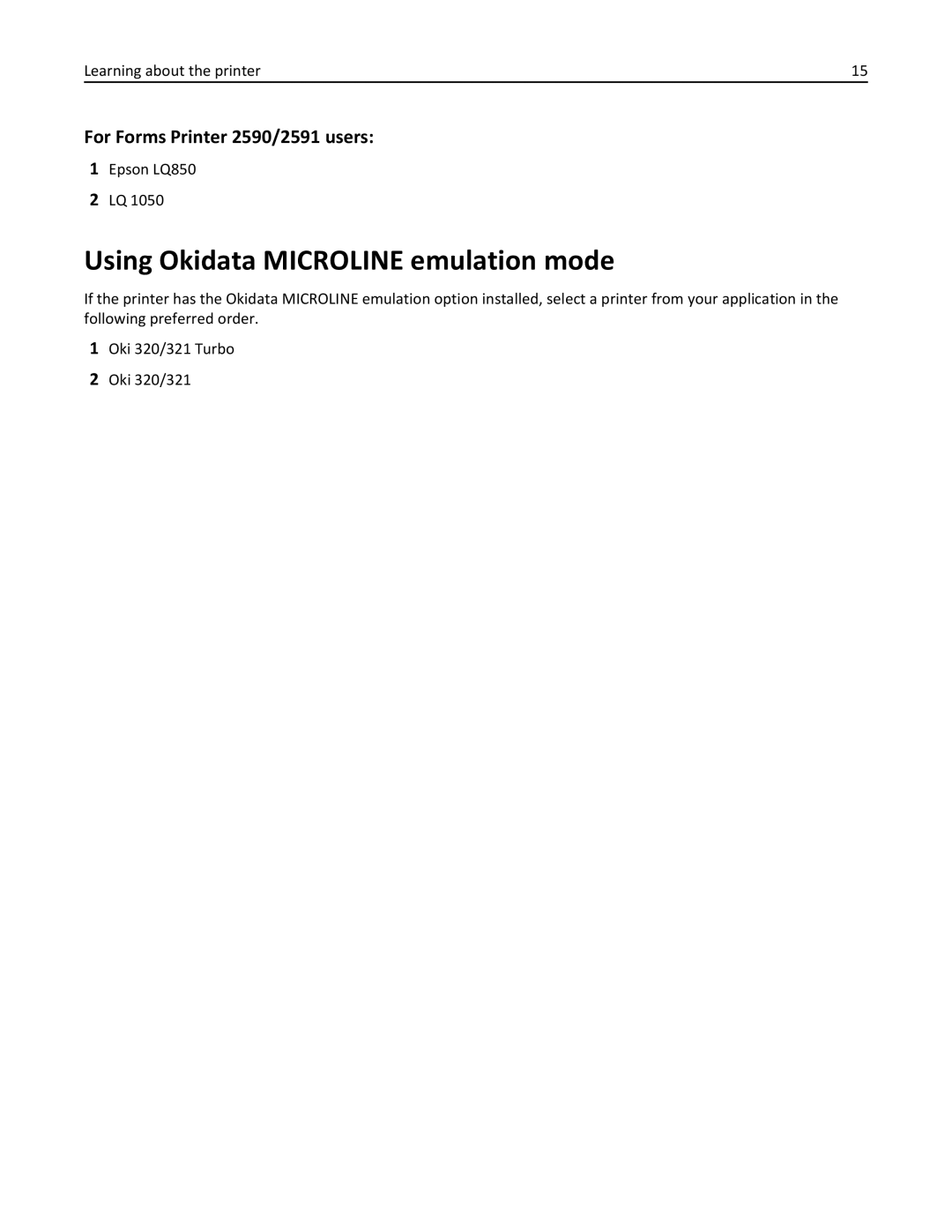 Lexmark 2500 manual Using Okidata Microline emulation mode, For Forms Printer 2590/2591 users 