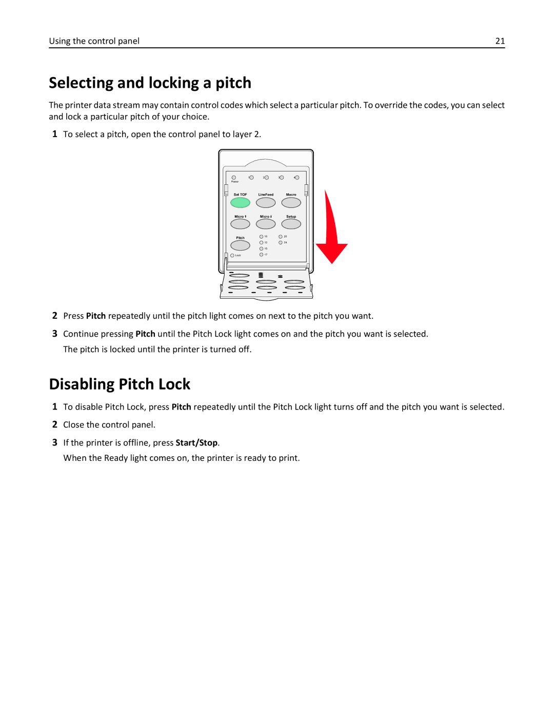 Lexmark 2500 manual Selecting and locking a pitch, Disabling Pitch Lock 