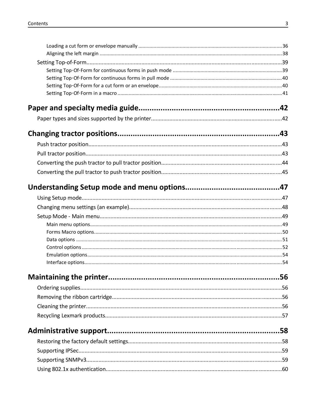 Lexmark 2500 manual Paper and specialty media guide, Changing tractor positions, Understanding Setup mode and menu options 