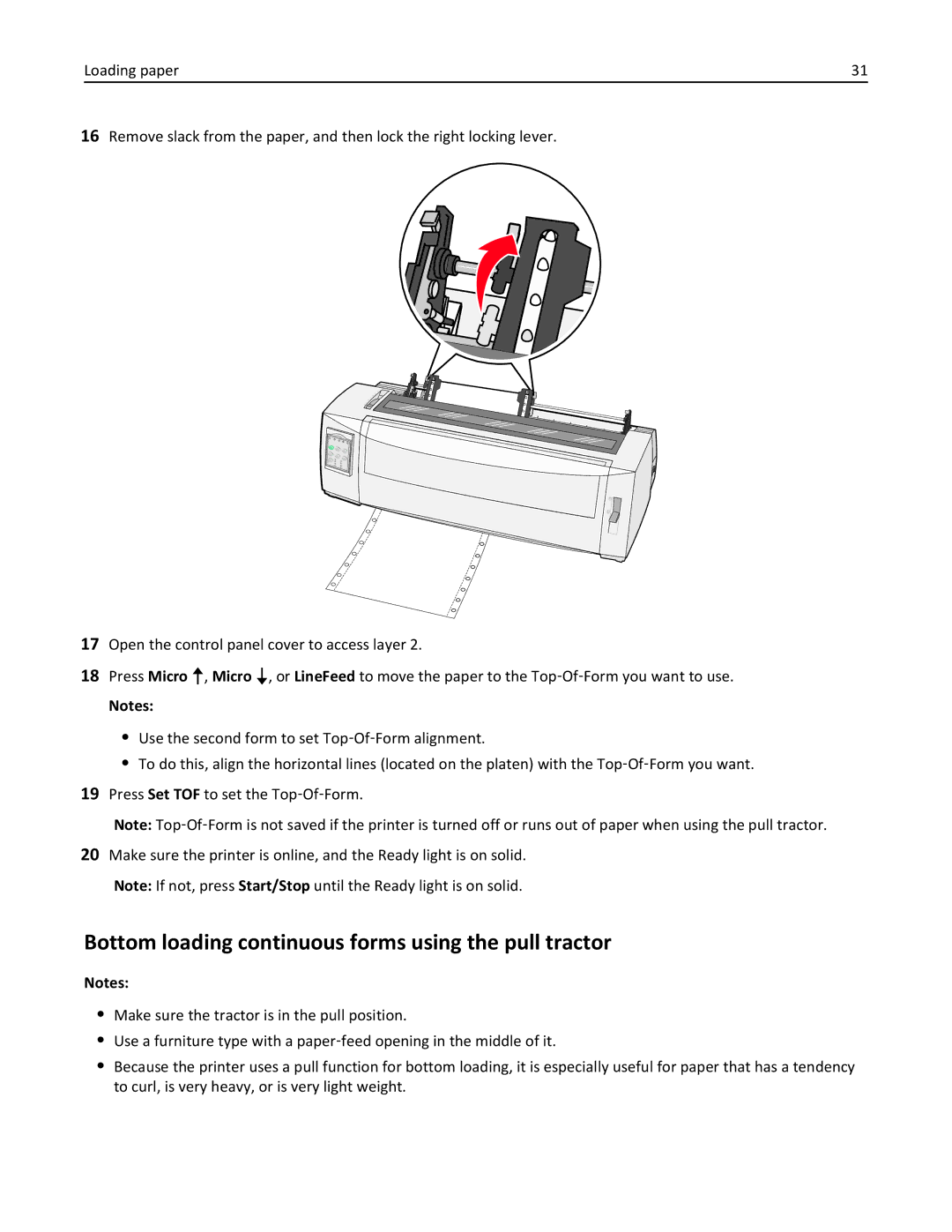 Lexmark 2500 manual Bottom loading continuous forms using the pull tractor 