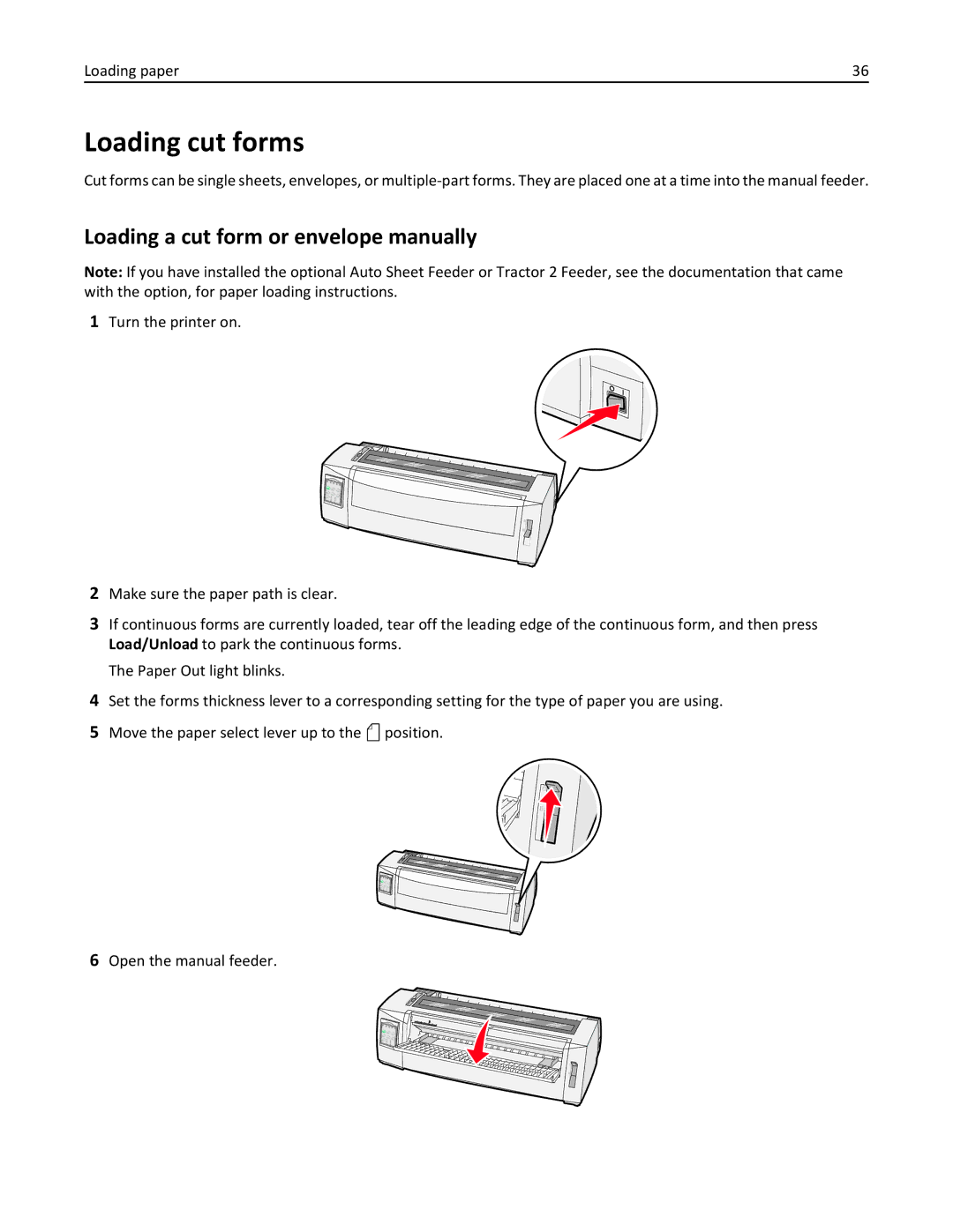 Lexmark 2500 Loading cut forms, Loading a cut form or envelope manually 