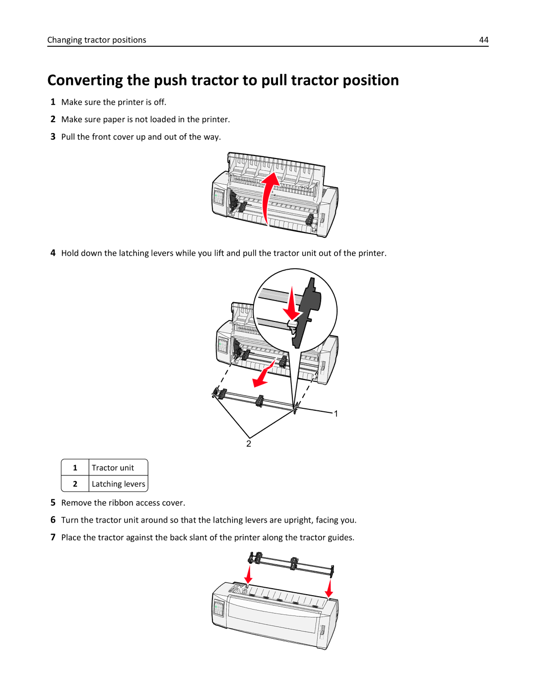 Lexmark 2500 manual Converting the push tractor to pull tractor position 