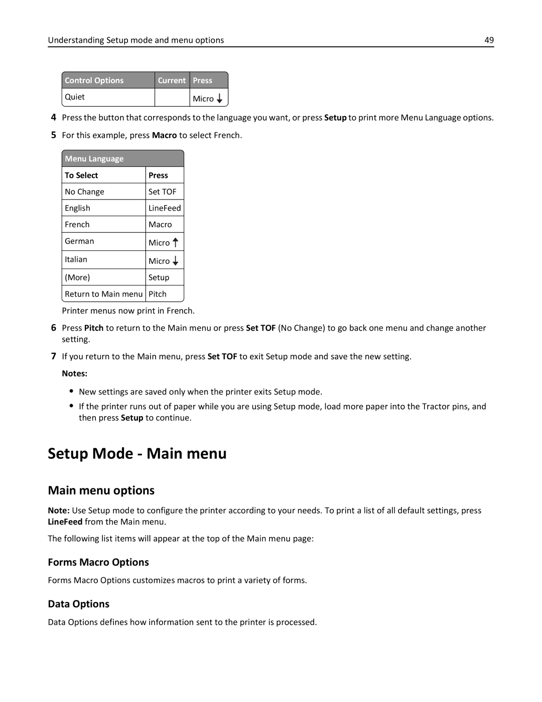 Lexmark 2500 manual Setup Mode Main menu, Main menu options, Forms Macro Options, Data Options 