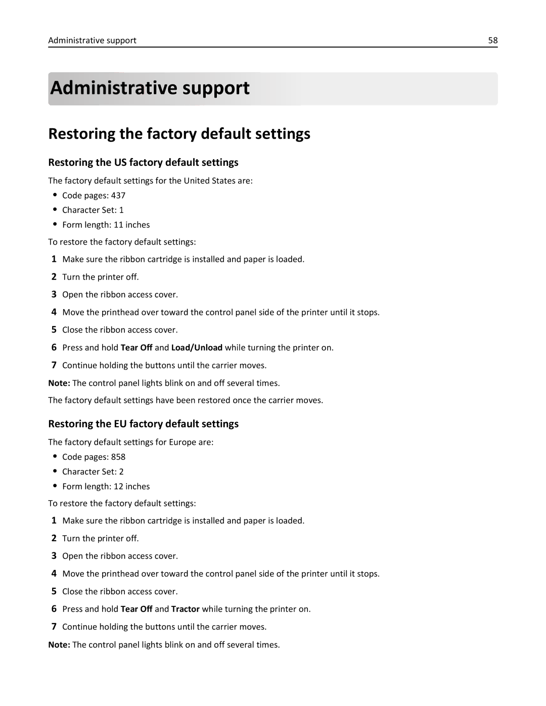 Lexmark 2500 Administrative support, Restoring the factory default settings, Restoring the US factory default settings 