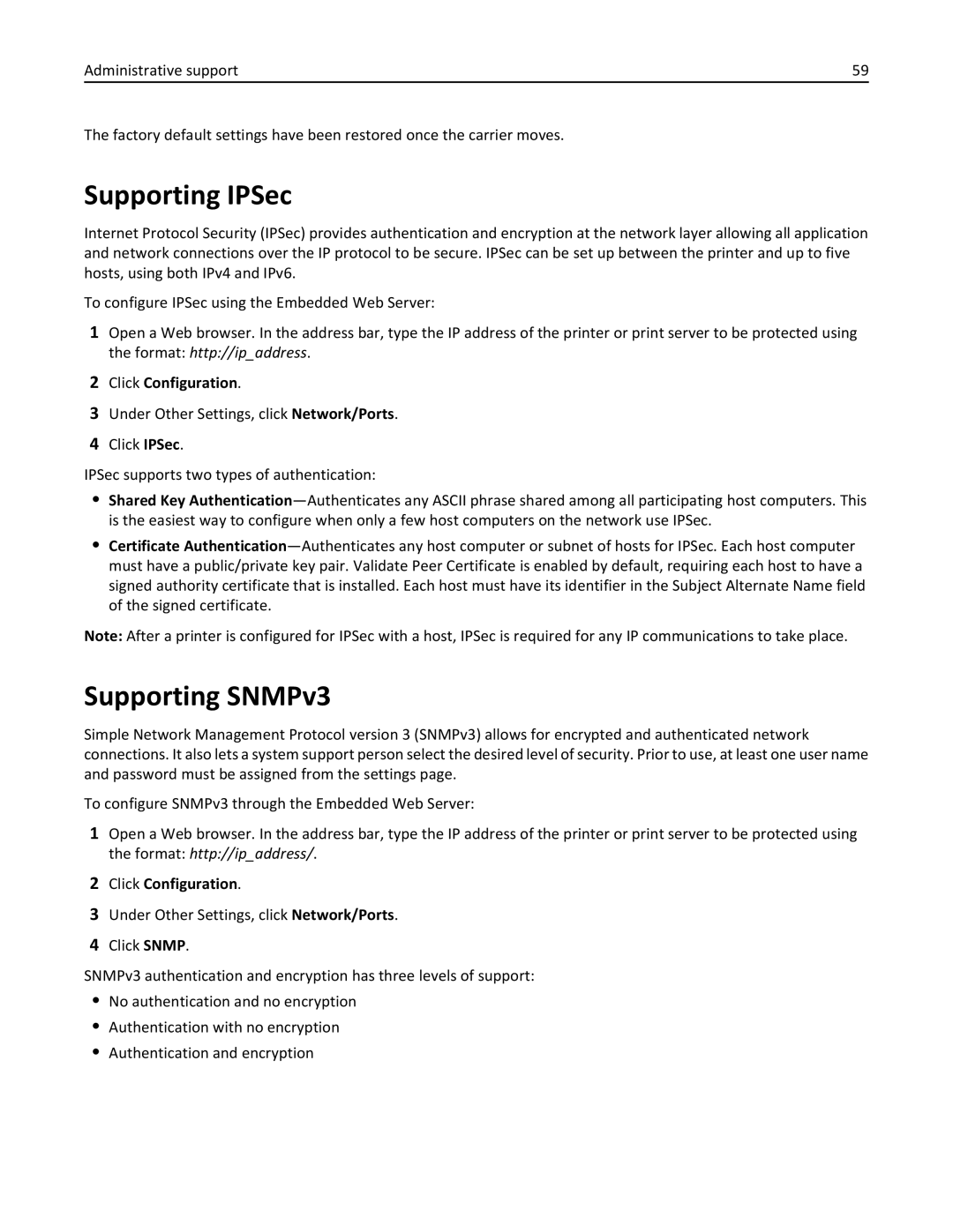 Lexmark 2500 manual Supporting IPSec, Supporting SNMPv3 