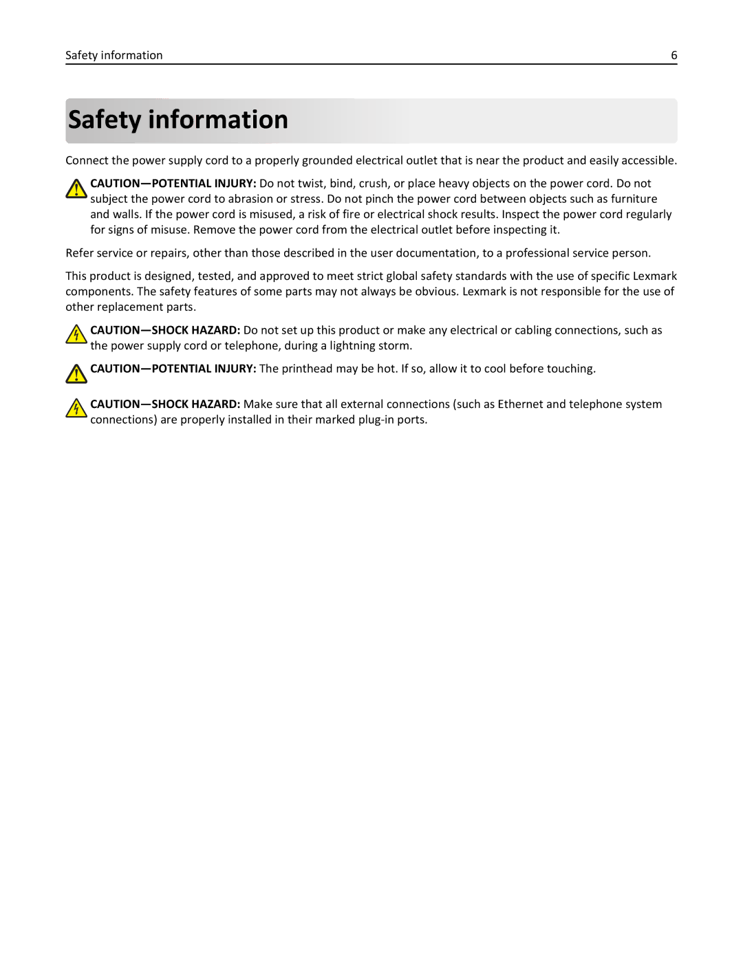 Lexmark 2500 manual Safety information 