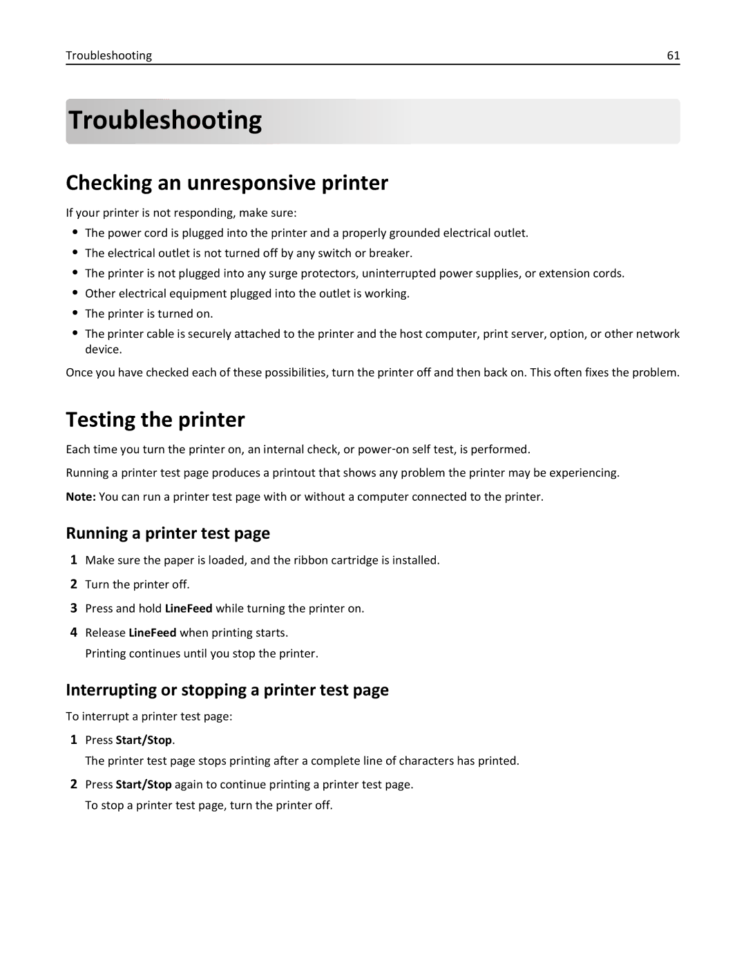 Lexmark 2500 manual Troubleshooting, Checking an unresponsive printer, Testing the printer, Running a printer test 