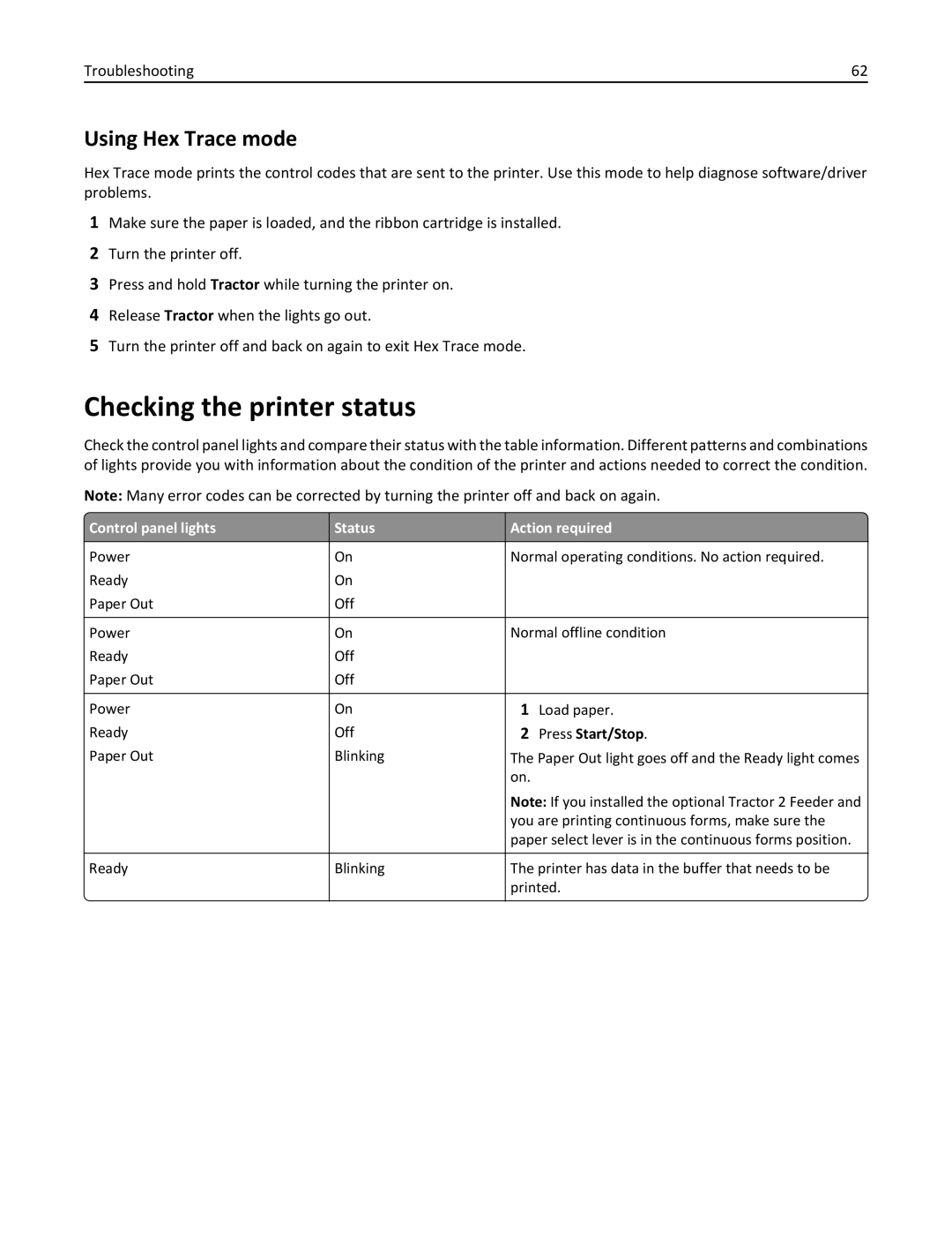Lexmark 2500 manual Checking the printer status, Using Hex Trace mode, Control panel lights Status Action required 