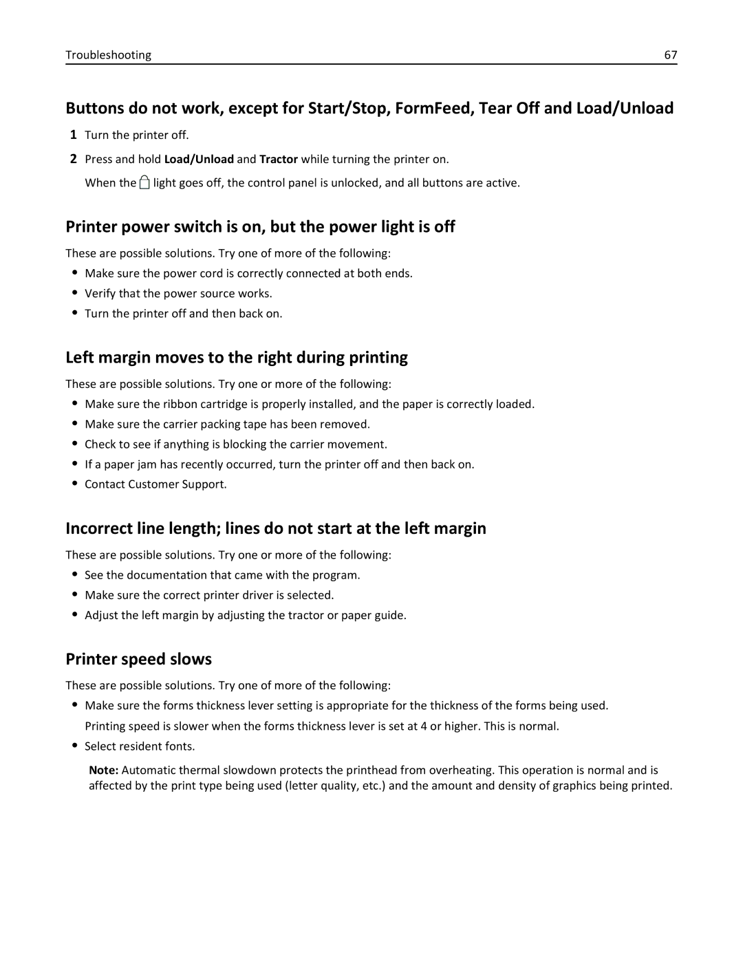 Lexmark 2500 manual Printer power switch is on, but the power light is off, Left margin moves to the right during printing 