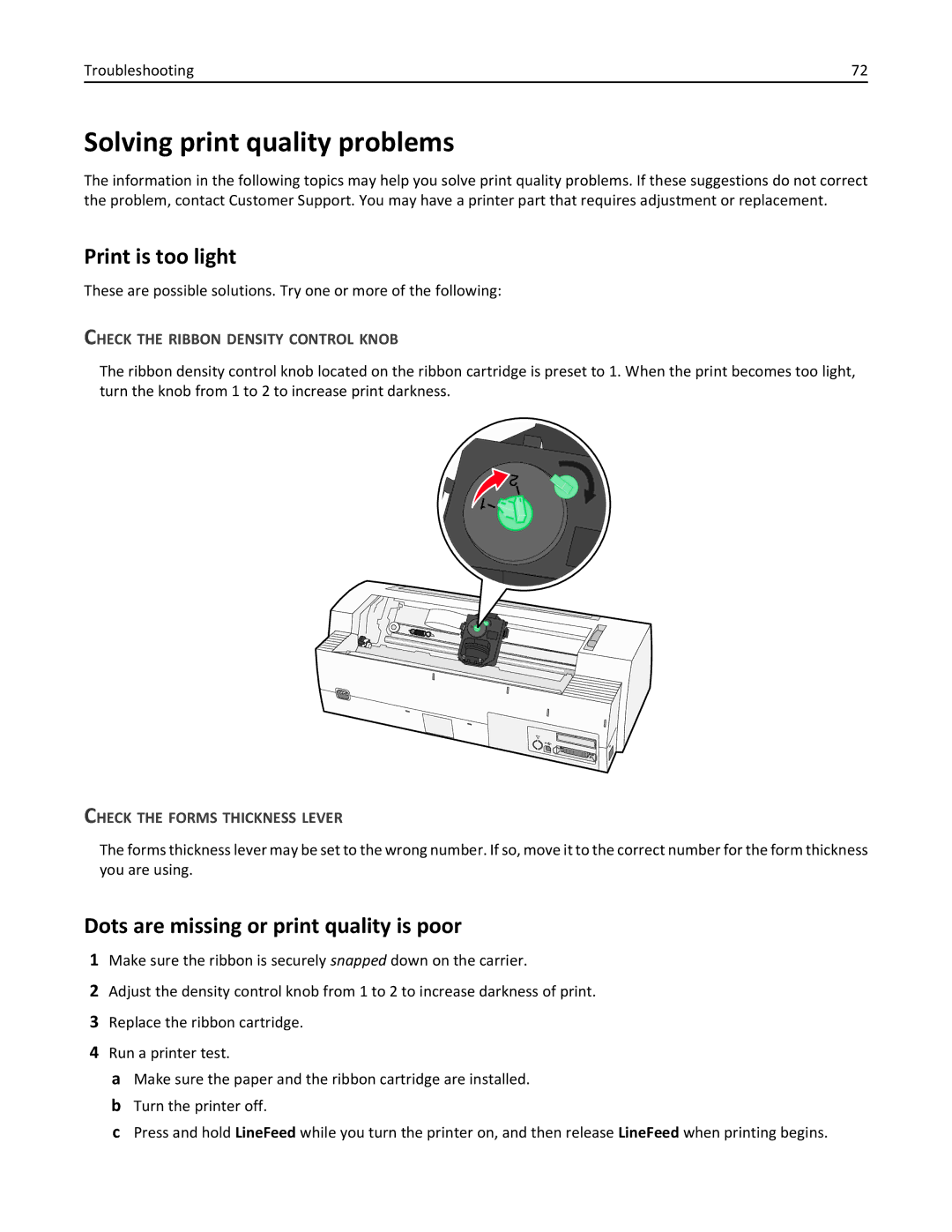 Lexmark 2500 manual Solving print quality problems, Print is too light, Dots are missing or print quality is poor 