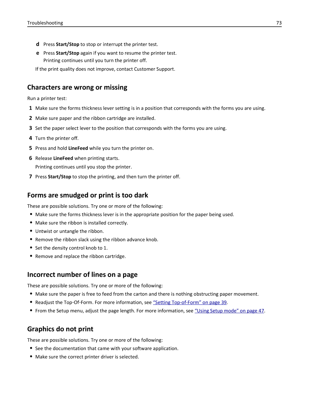 Lexmark 2500 manual Characters are wrong or missing, Forms are smudged or print is too dark, Incorrect number of lines on a 