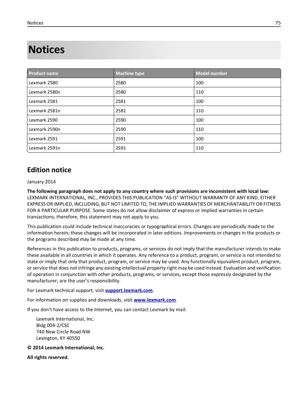 Lexmark 2500 manual Edition notice, Product name Machine type Model number 