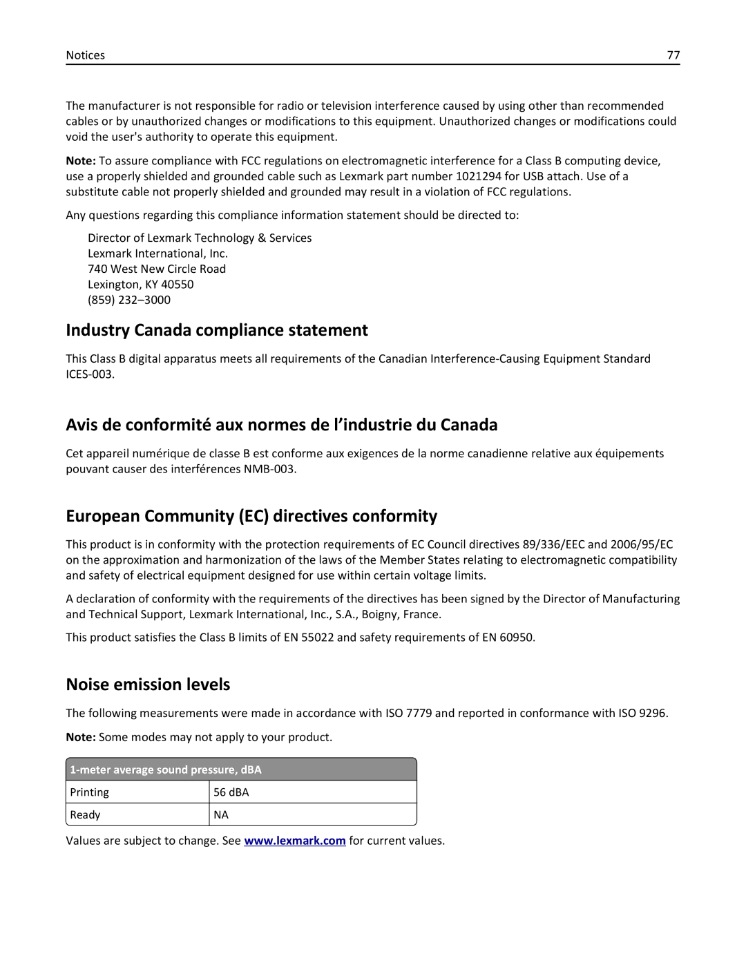 Lexmark 2500 manual Industry Canada compliance statement, Avis de conformité aux normes de l’industrie du Canada 