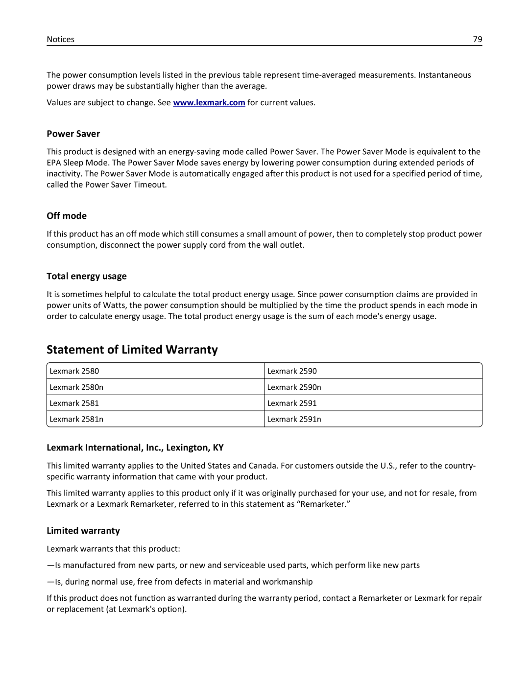 Lexmark 2500 manual Statement of Limited Warranty, Power Saver 