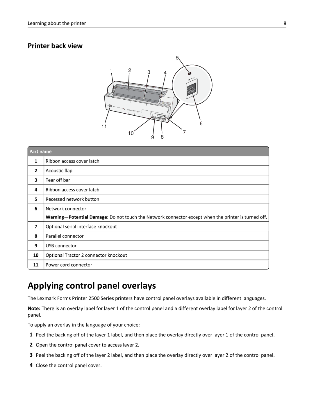 Lexmark 2500 manual Applying control panel overlays, Printer back view 