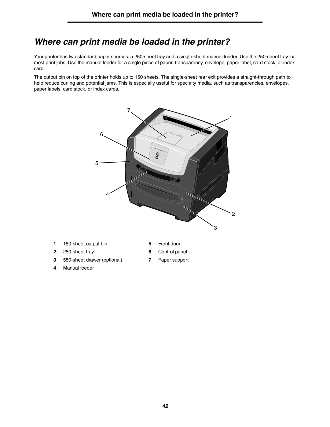 Lexmark 250dn manual Where can print media be loaded in the printer? 