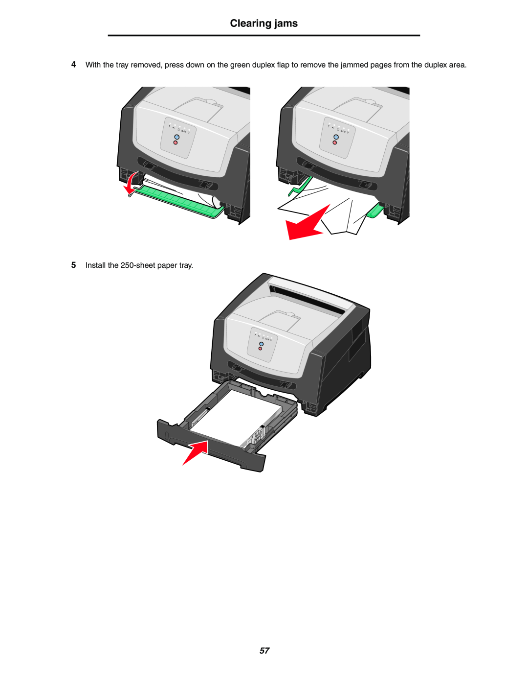 Lexmark 250dn manual Clearing jams, Install the 250-sheet paper tray 