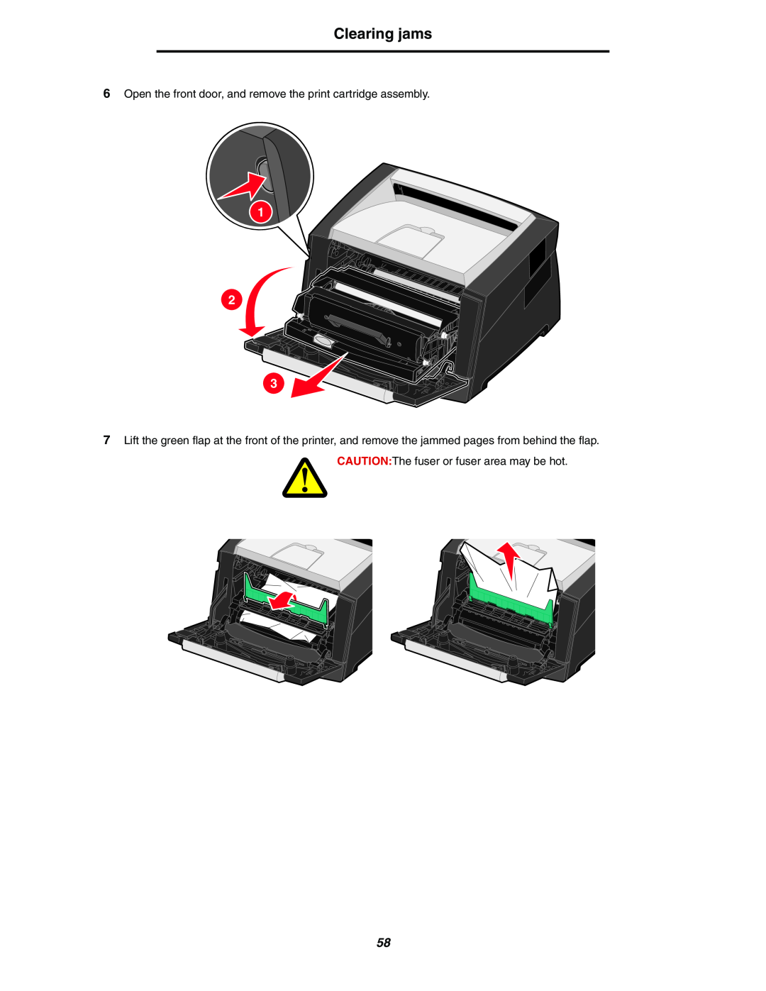 Lexmark 250dn manual Clearing jams, Open the front door, and remove the print cartridge assembly 