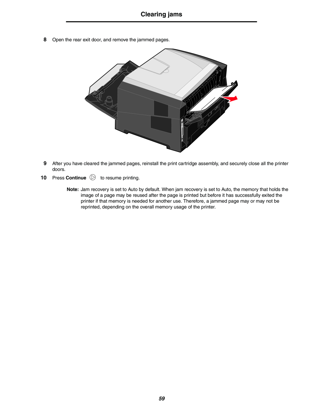 Lexmark 250dn manual Clearing jams, Open the rear exit door, and remove the jammed pages 