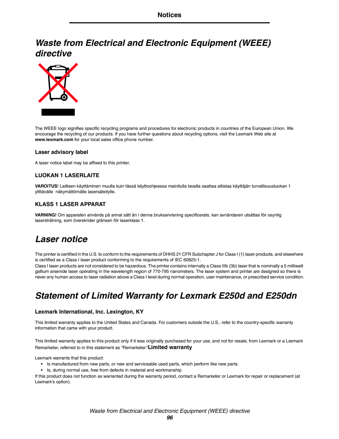 Lexmark 250dn Waste from Electrical and Electronic Equipment WEEE directive, Laser notice, Laser advisory label, Notices 