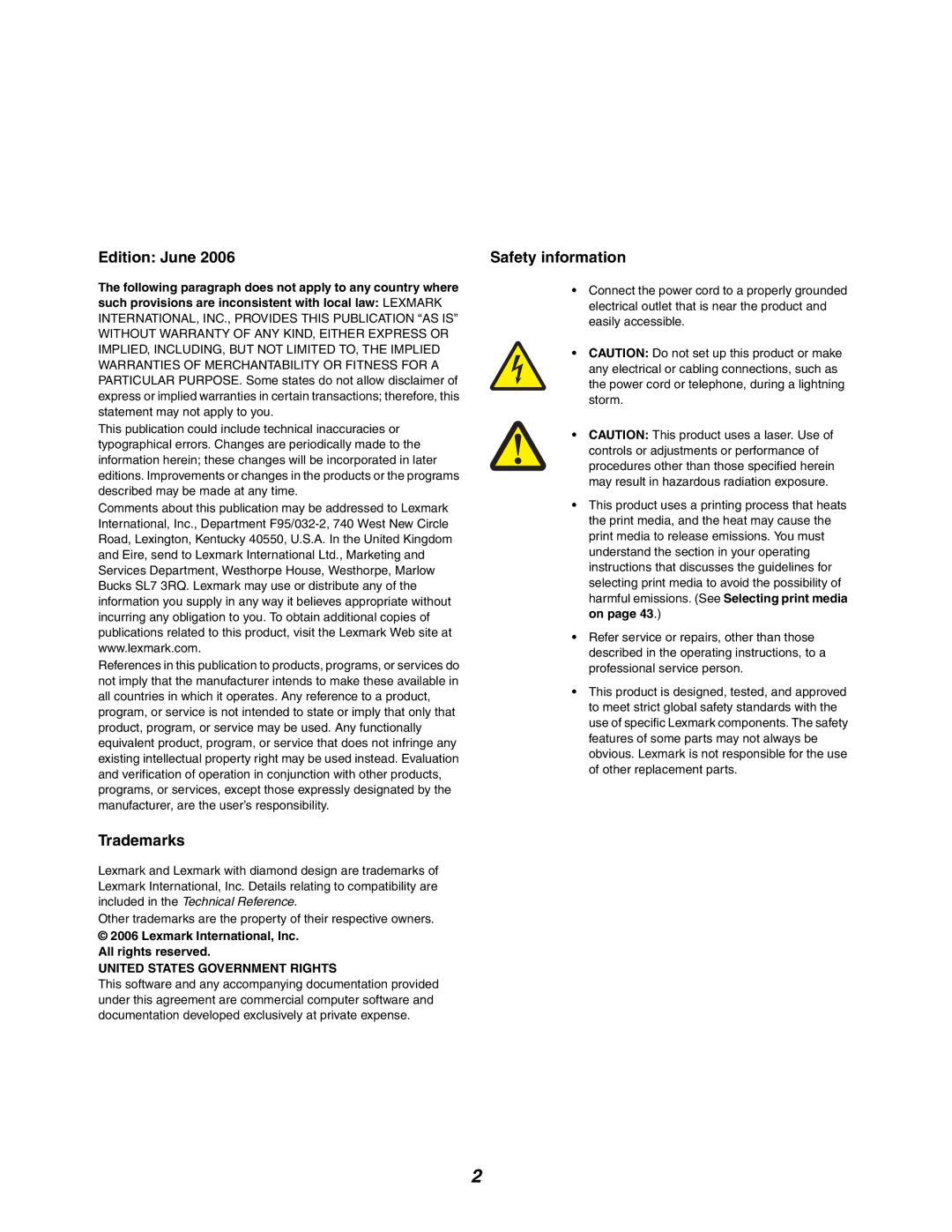 Lexmark 250dn manual Edition June, Trademarks, Safety information 