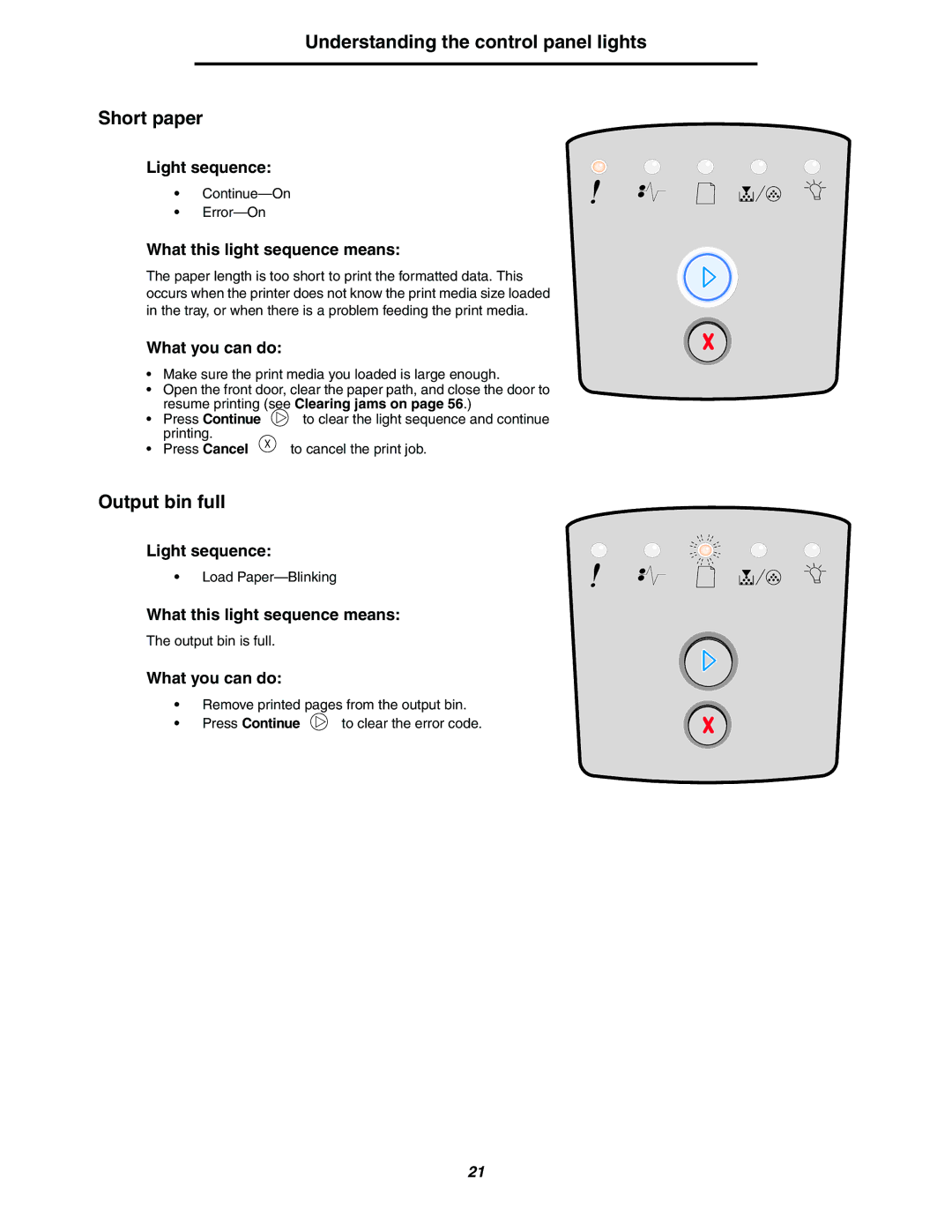 Lexmark 250dn manual Understanding the control panel lights Short paper, Output bin full 